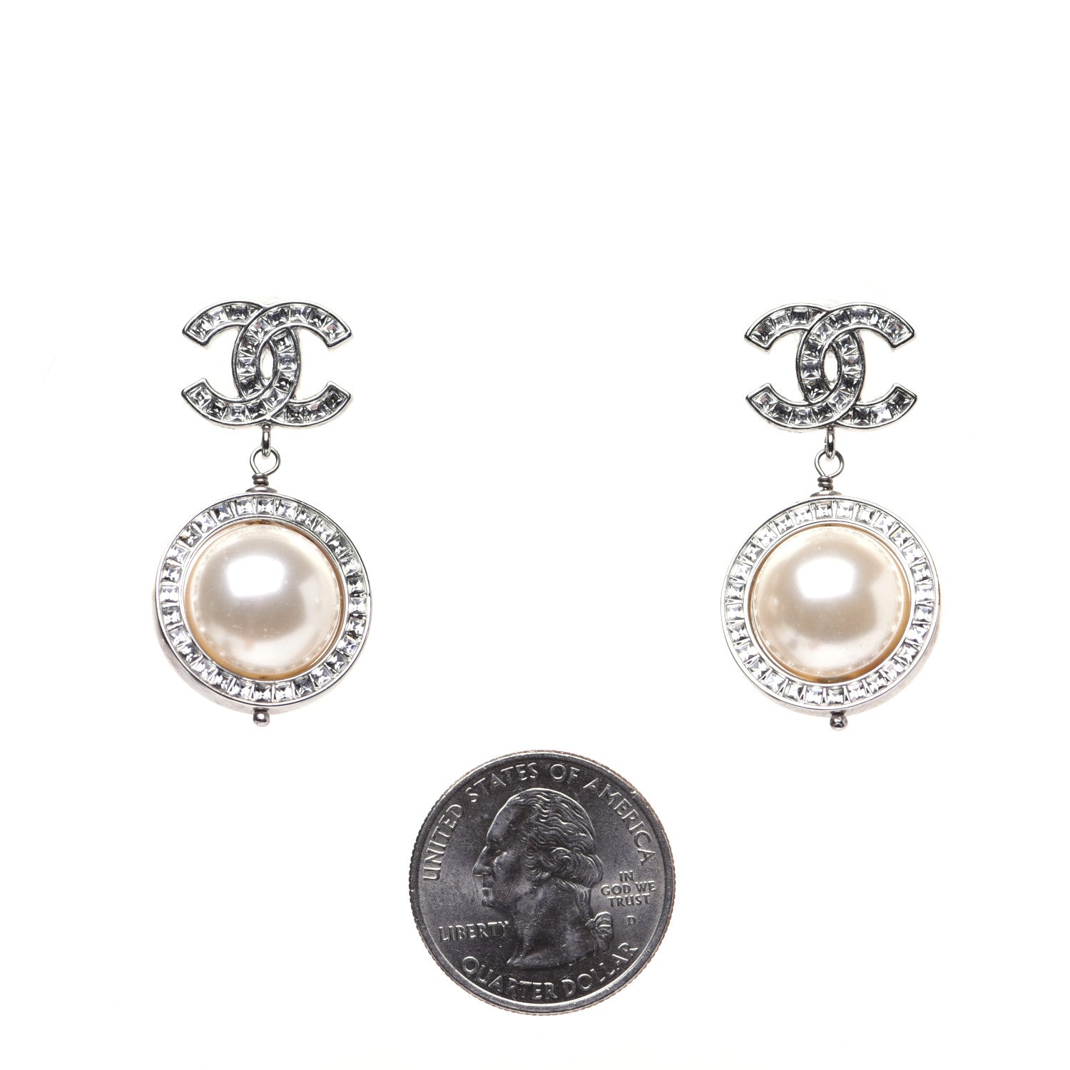 Chanel Baguette Crystal CC Pearl Drop Art Decoco Earrings Silver 2 of 11
