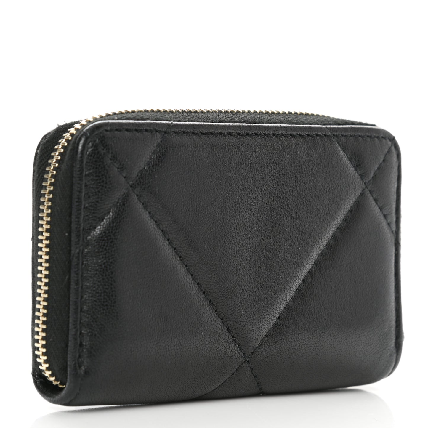 Shiny Goatskin Quilted Chanel 19 Zip Around Coin Purse Wallet Black