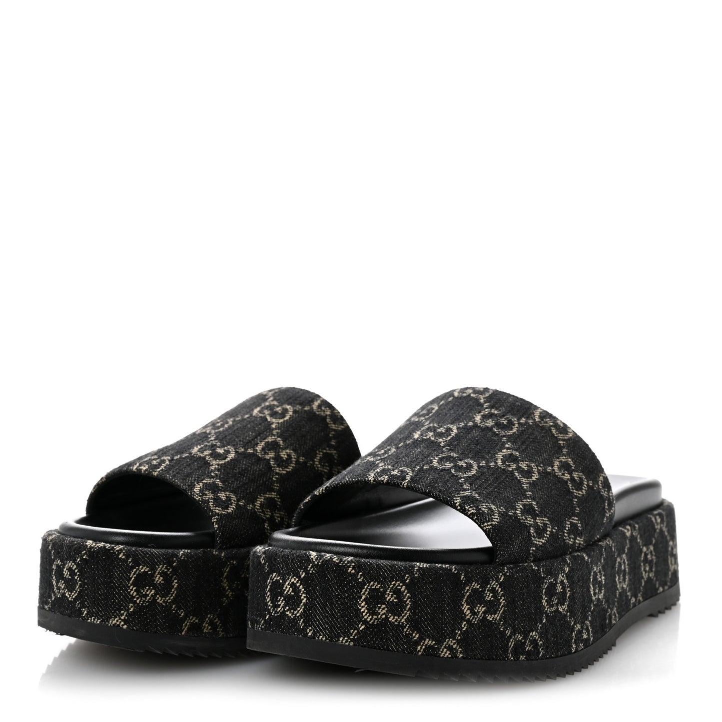 Jacquard Black Denim GG Monogram Angelina Platform 55mm Slide Sandals 38.5 Black Ivory