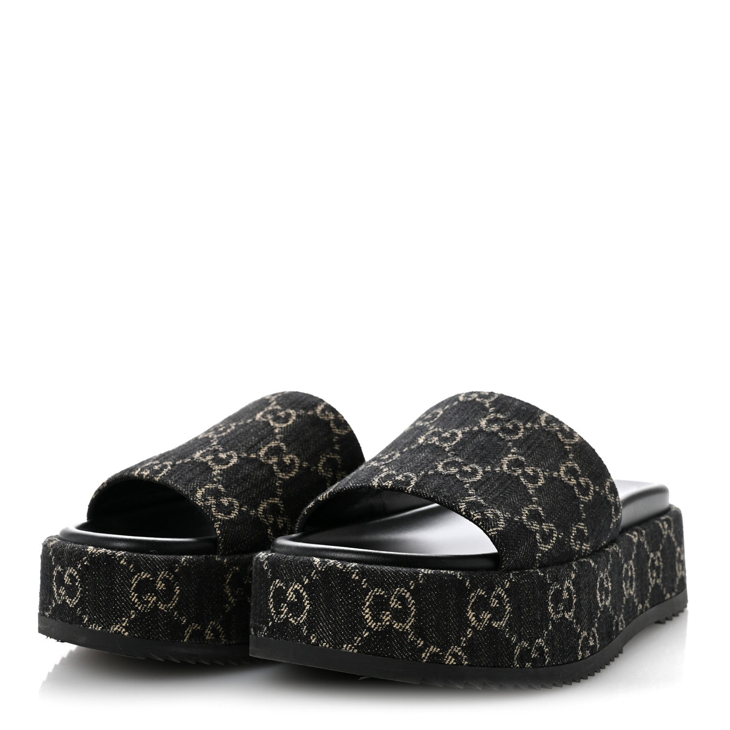 Gucci Jacquard Black Denim GG Monogram Angelina Platform 55mm Slide Sandals 38.5 Black Ivory 4 of 12