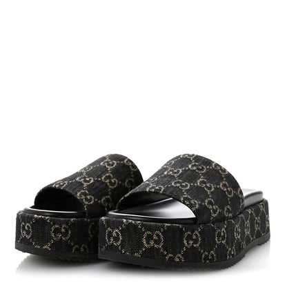 Gucci Jacquard Black Denim GG Monogram Angelina Platform 55mm Slide Sandals 38.5 Black Ivory 4 of 12
