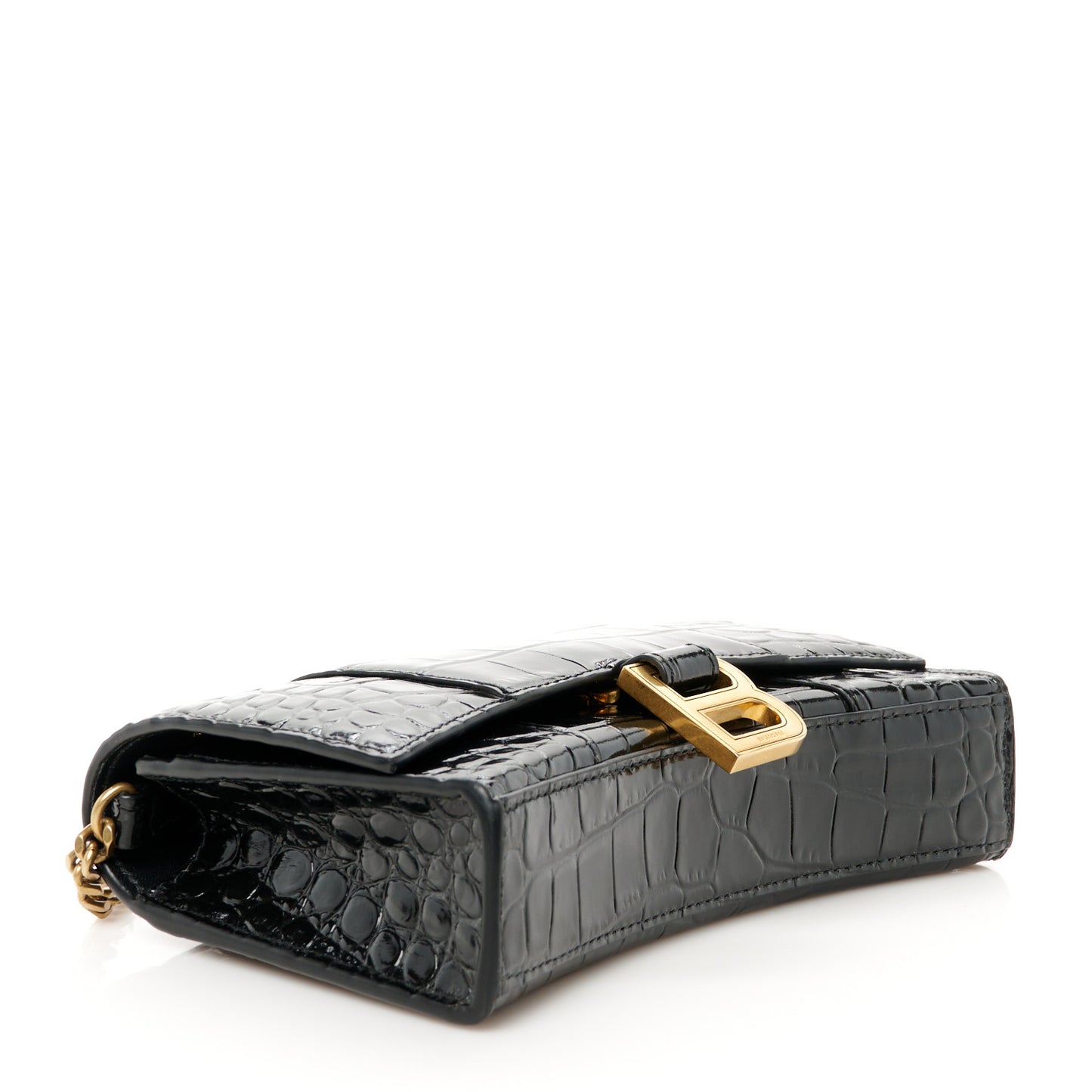Shiny Calfskin Crocodile Embossed Hourglass Chain Bag Black