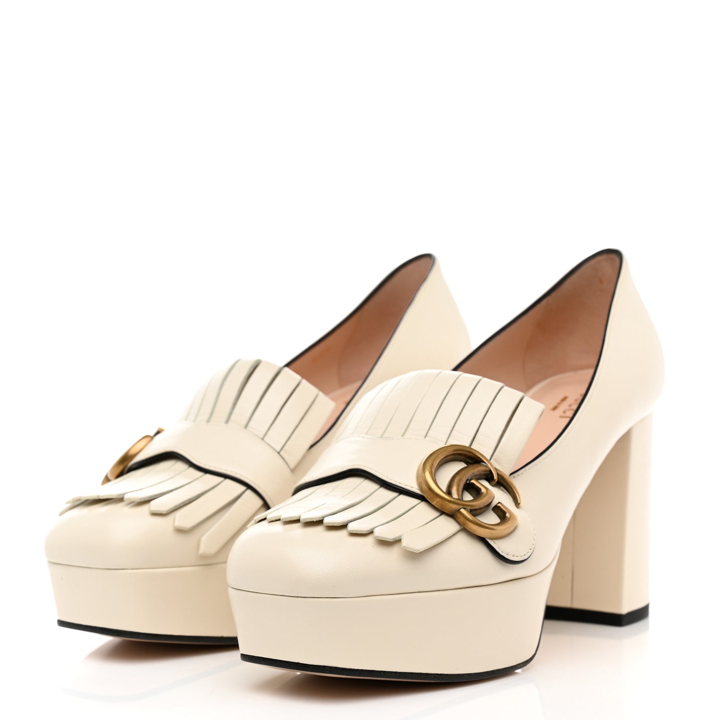 Malaga Kid GG Marmont Fringe Platform Loafer Pumps 38 Mystic White