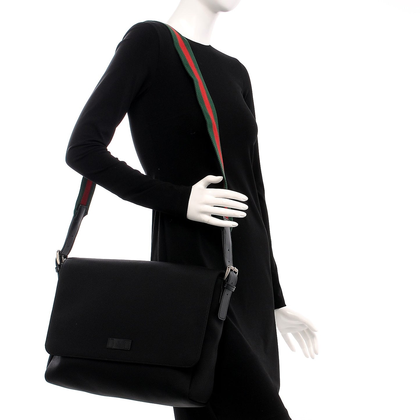 Techno Canvas Web Large Flap Messenger Bag Black