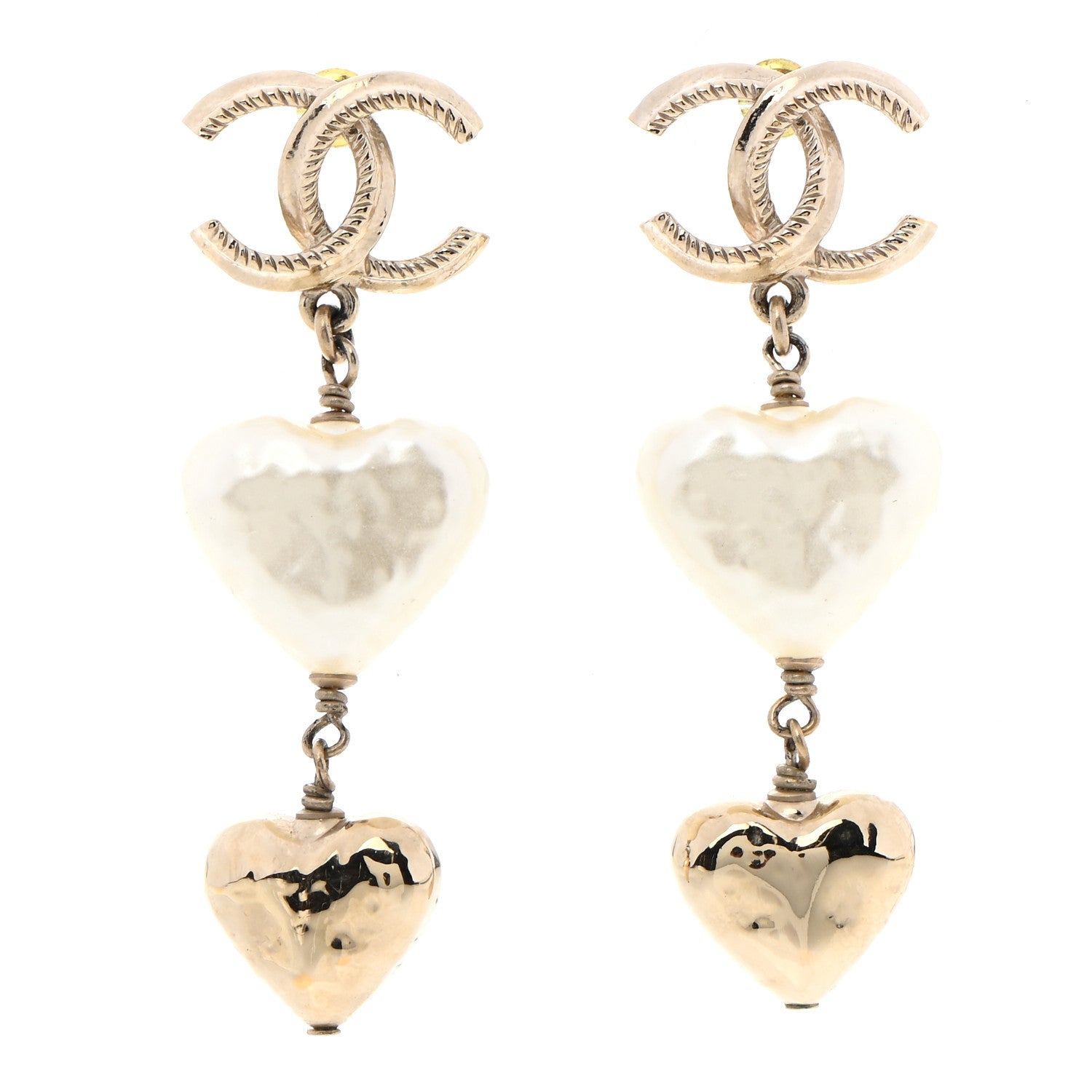 Chanel Pearl CC Double Heart Drop Earrings Gold 1 of 5
