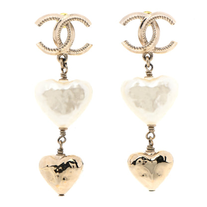 Chanel Pearl CC Double Heart Drop Earrings Gold 1 of 5