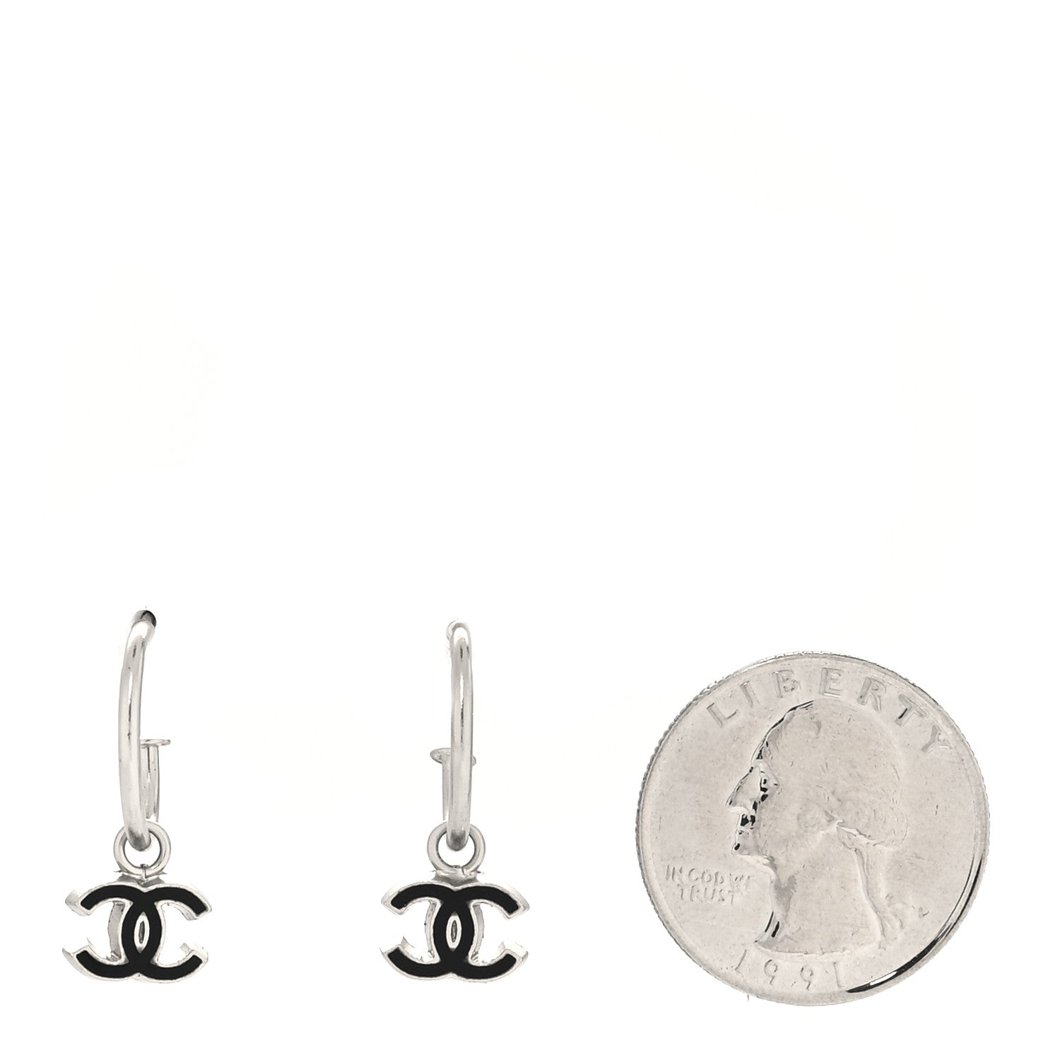 Chanel Enamel CC Hoop Earrings Silver Black 2 of 4
