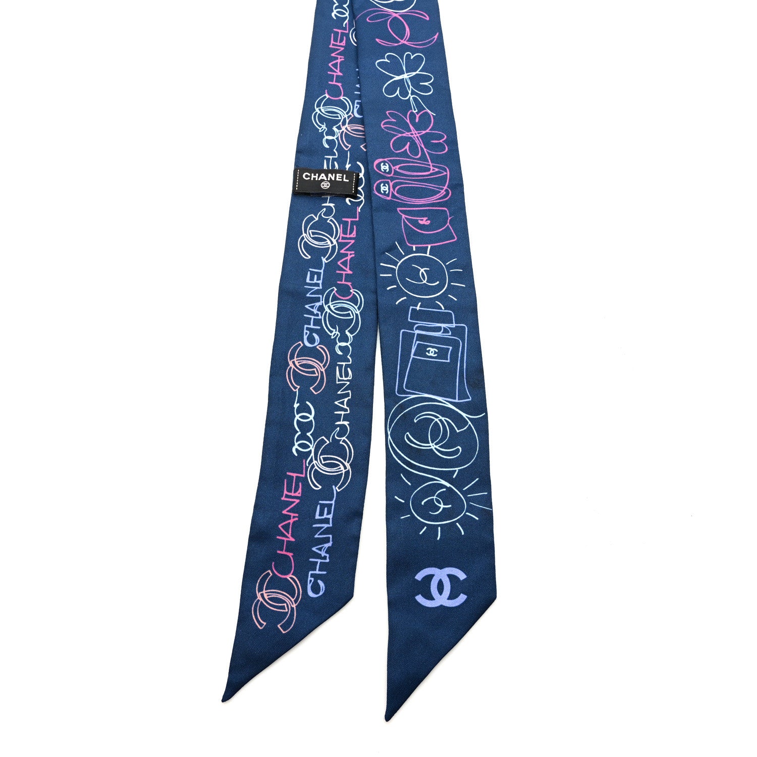 Chanel Silk Twill CC Logo Slim Bandeau Scarf Navy Blue Multicolor 2 of 4
