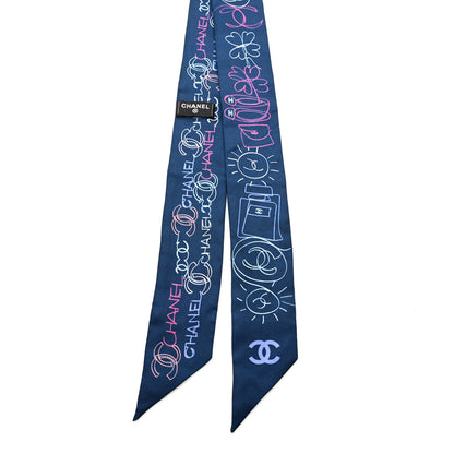 Chanel Silk Twill CC Logo Slim Bandeau Scarf Navy Blue Multicolor 2 of 4