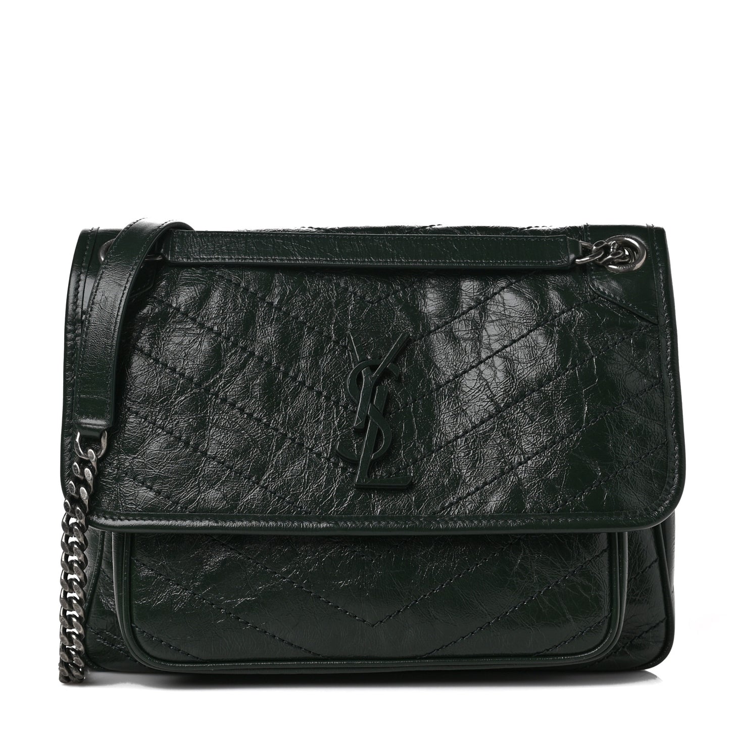Crinkled Calfskin Matelasse Monogram Medium Niki Chain Satchel New Vert Fonce