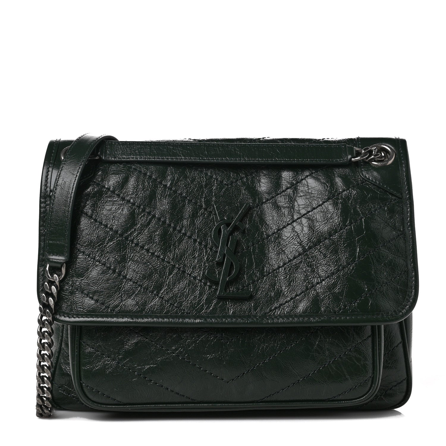 Saint Laurent Crinkled Calfskin Matelasse Monogram Medium Niki Chain Satchel New Vert Fonce 1 of 5