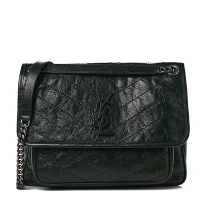 Saint Laurent Crinkled Calfskin Matelasse Monogram Medium Niki Chain Satchel New Vert Fonce 1 of 5
