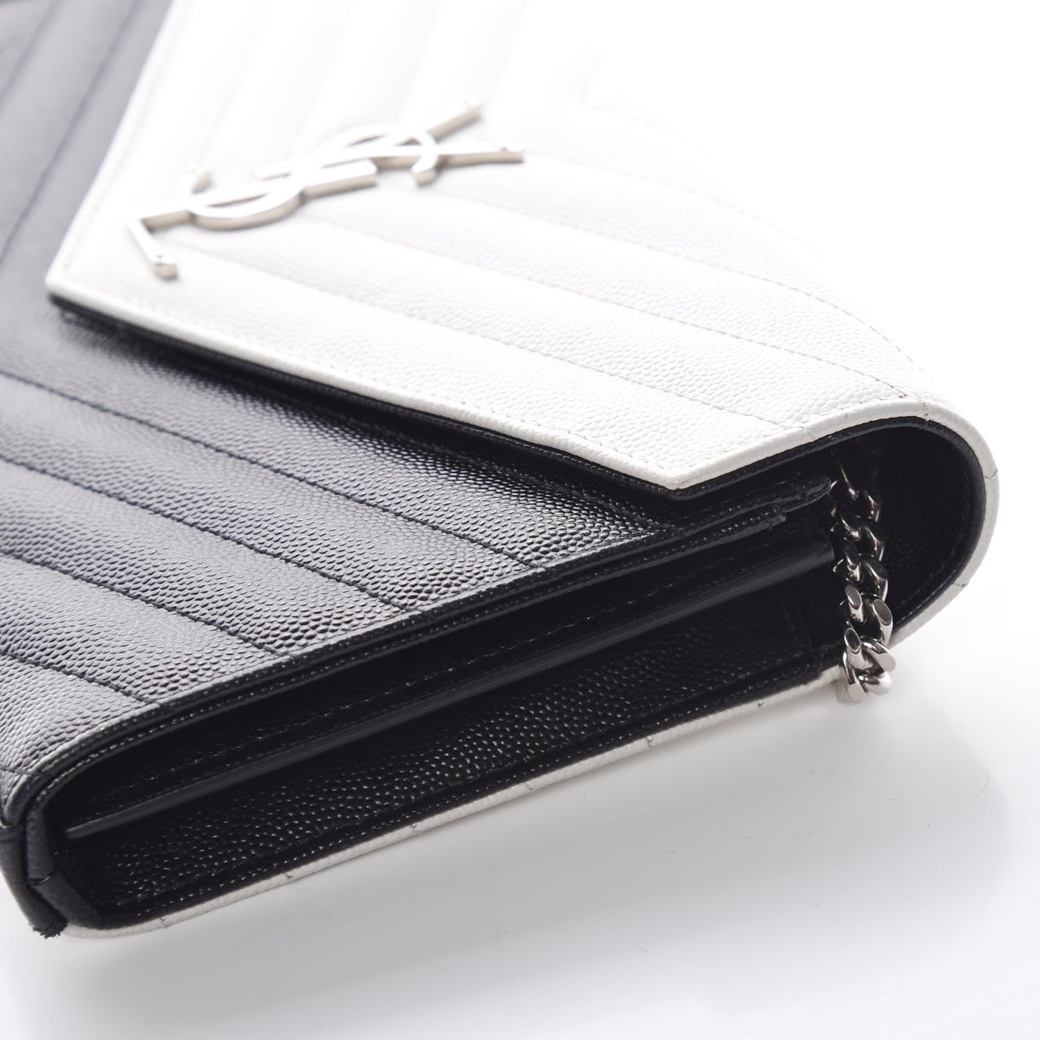 Saint Laurent Grain De Poudre Matelasse Chevron Bi-Color Monogram Chain Wallet White Black 13 of 13