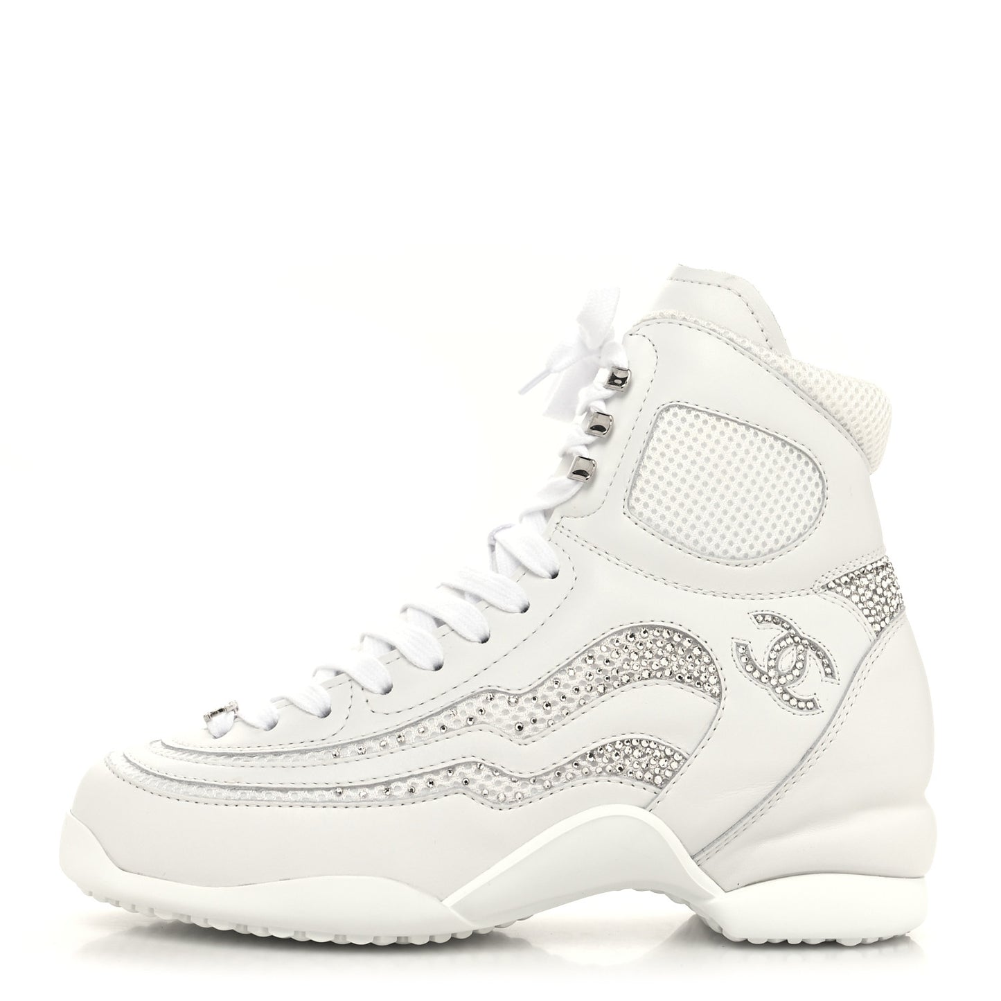 Calfskin Mesh Strass Womens CC Sneakers 39 White Silver