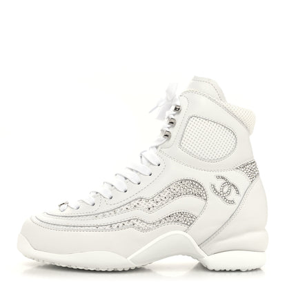 Chanel Calfskin Mesh Strass Womens CC Sneakers 39 White Silver 1 of 8