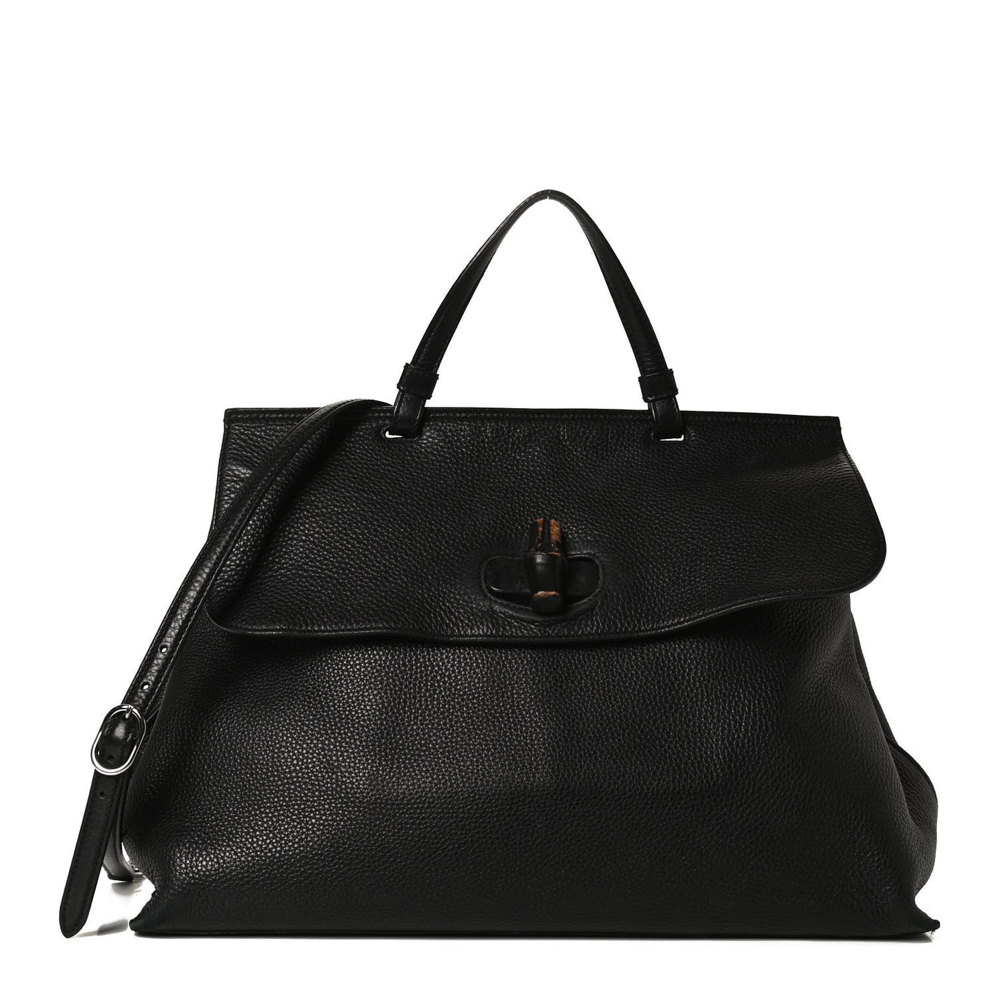 Pebbled Calfskin Large Bamboo Daily Top Handle Bag Black