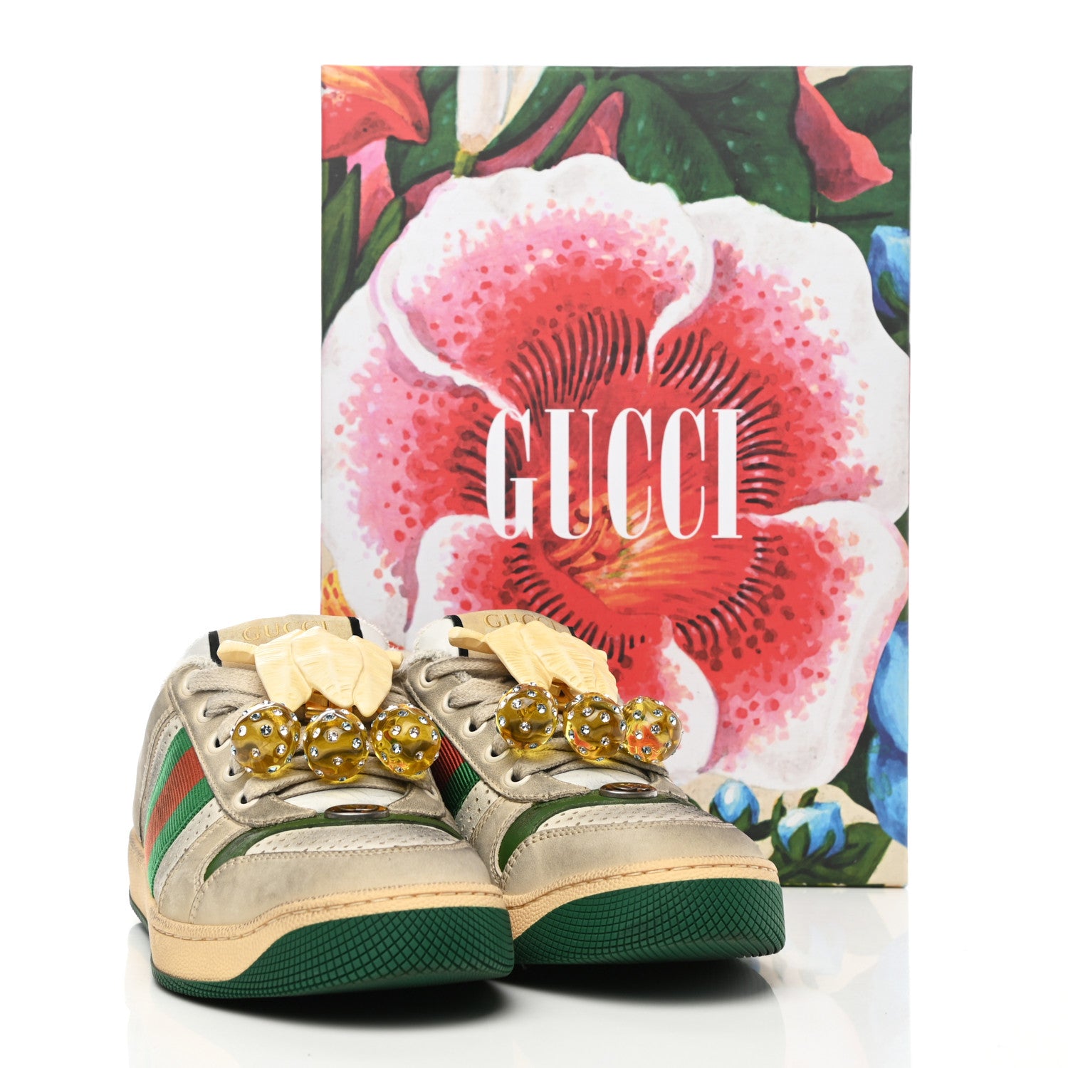 Gucci Nubuck Web Cherries Womens Screener Sneakers 36 Dusty Milk White Vintage Green 9 of 9