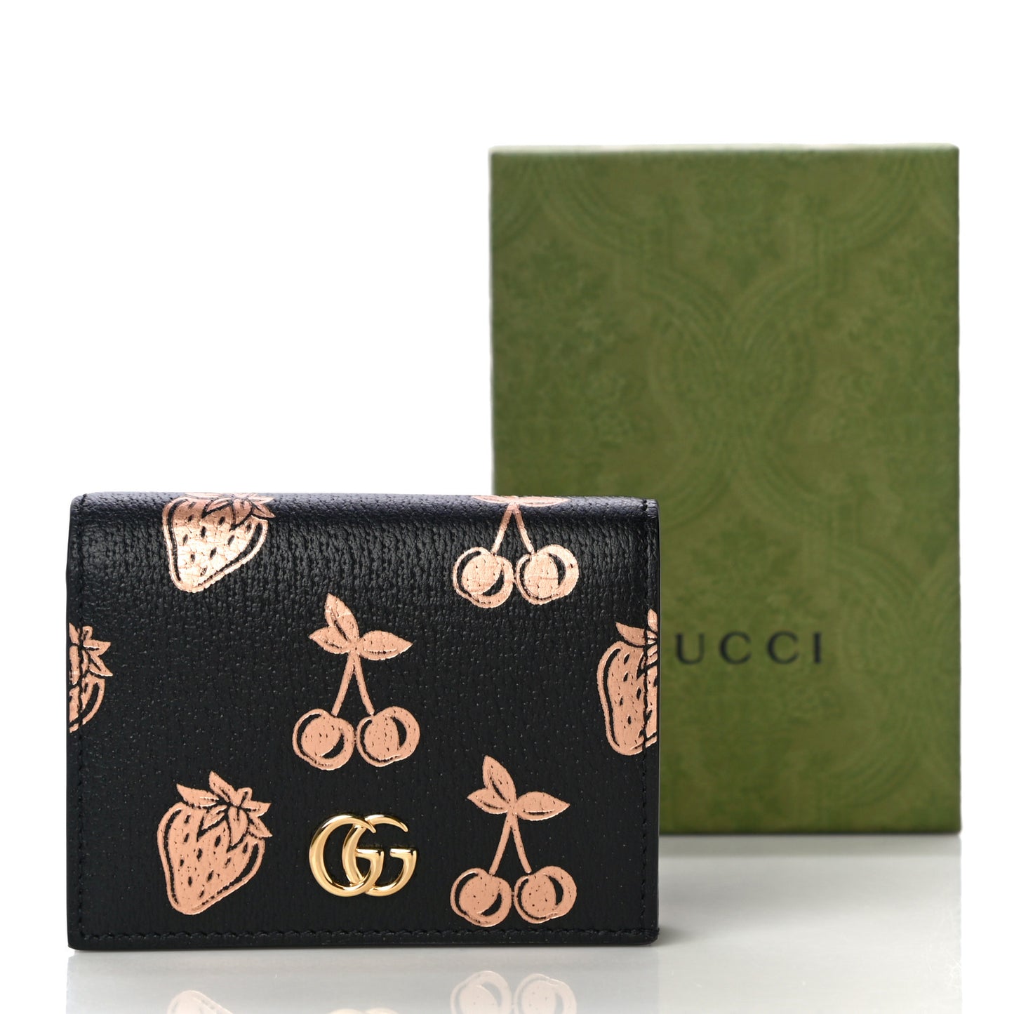 Textured Dollar Calfskin Berry Print GG Marmont Card Case Black Light Copper