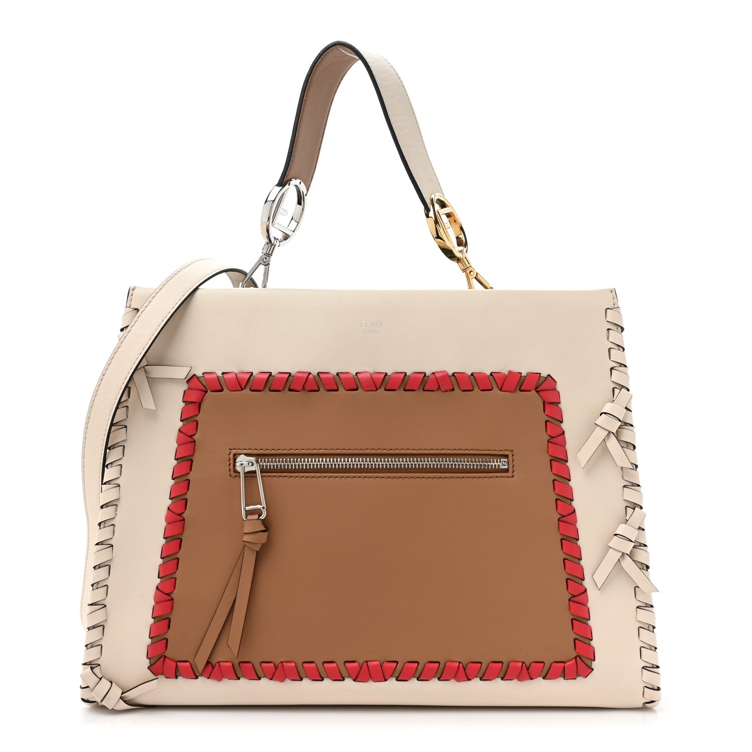 Fendi Vitello Century F is Whipstitch Bi-Color Regular Runaway Satchel Camelia Orzo Multicolor 1 of 14