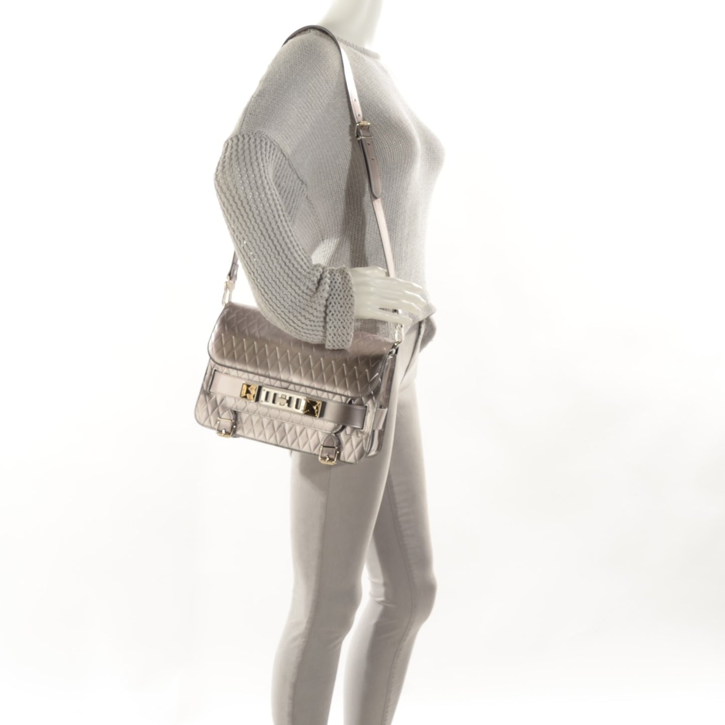 Diamond Embossed Patent PS11 Classic Shoulder Bag Silver