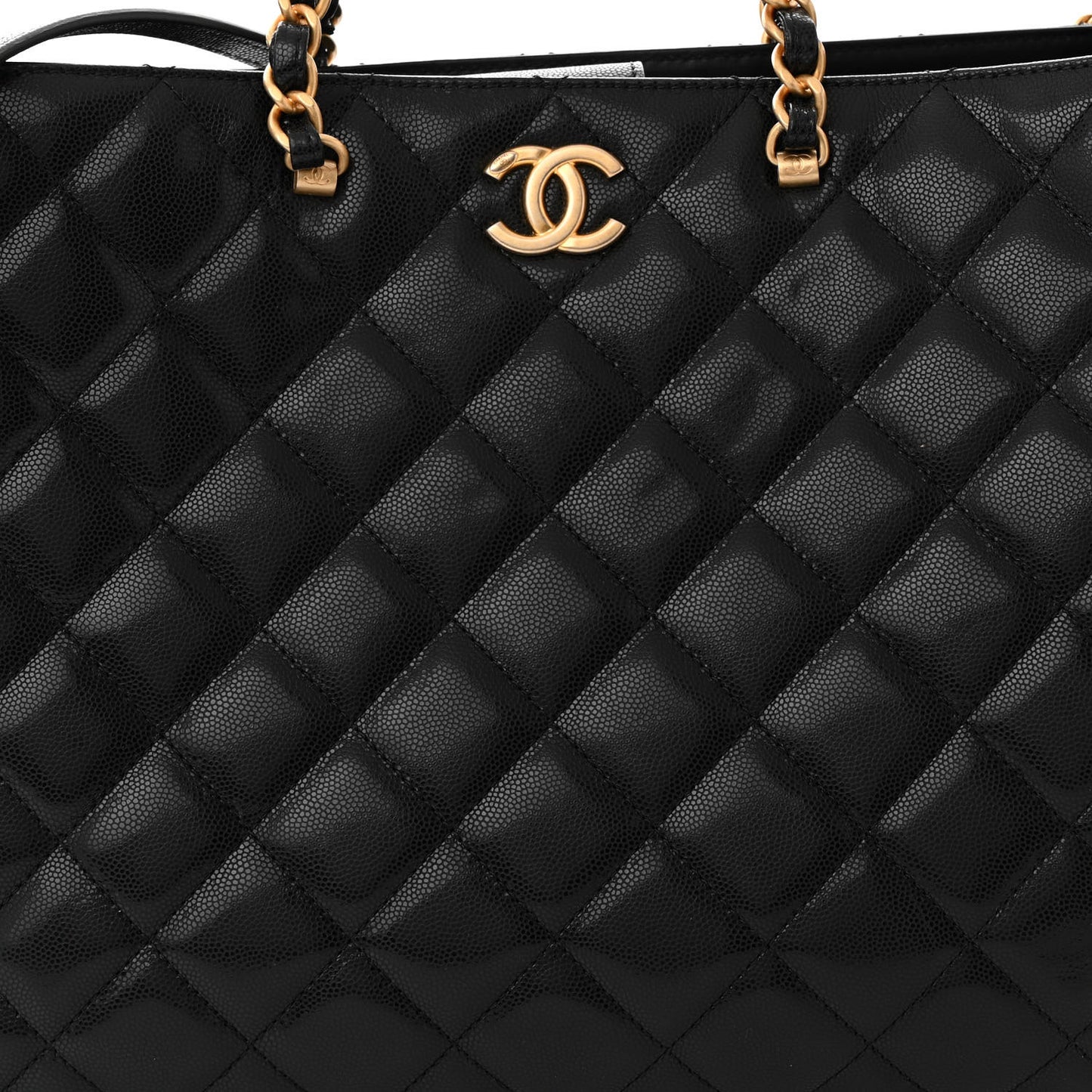 Shiny Caviar Quilted Chain Handle Shopping Tote Black