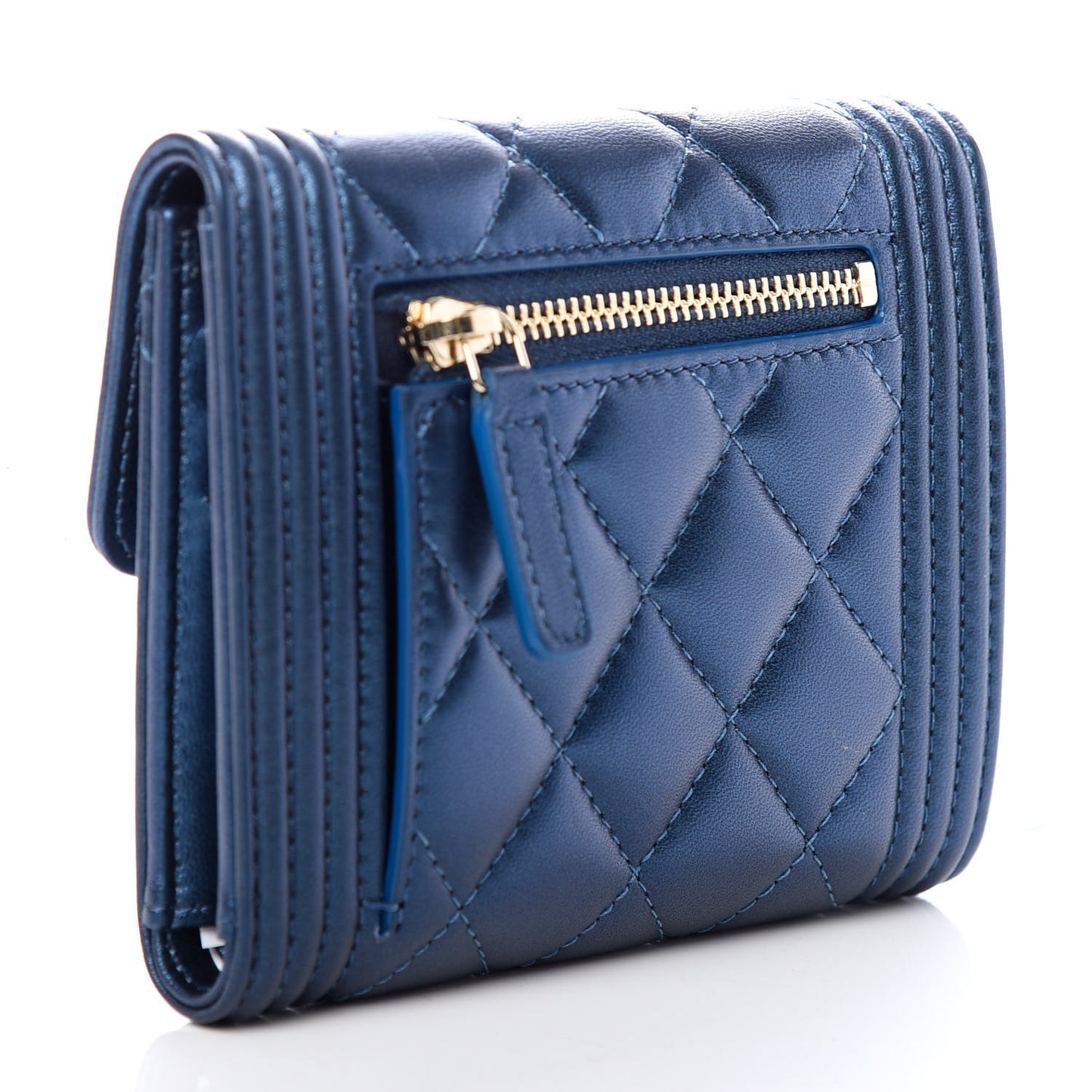 Metallic Lambskin Quilted Compact Boy Wallet Blue