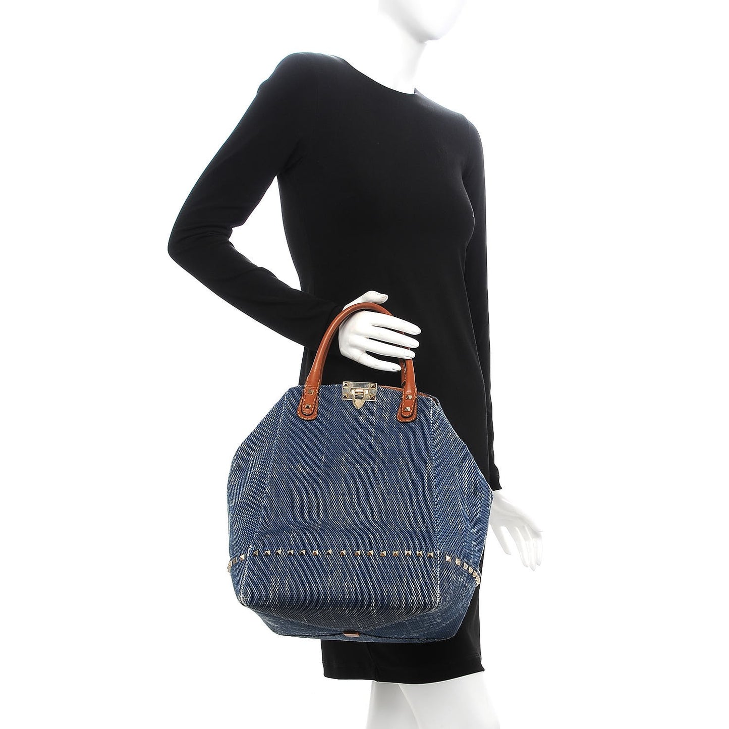 Denim Rockstud New Dome Bucket Tote Blue