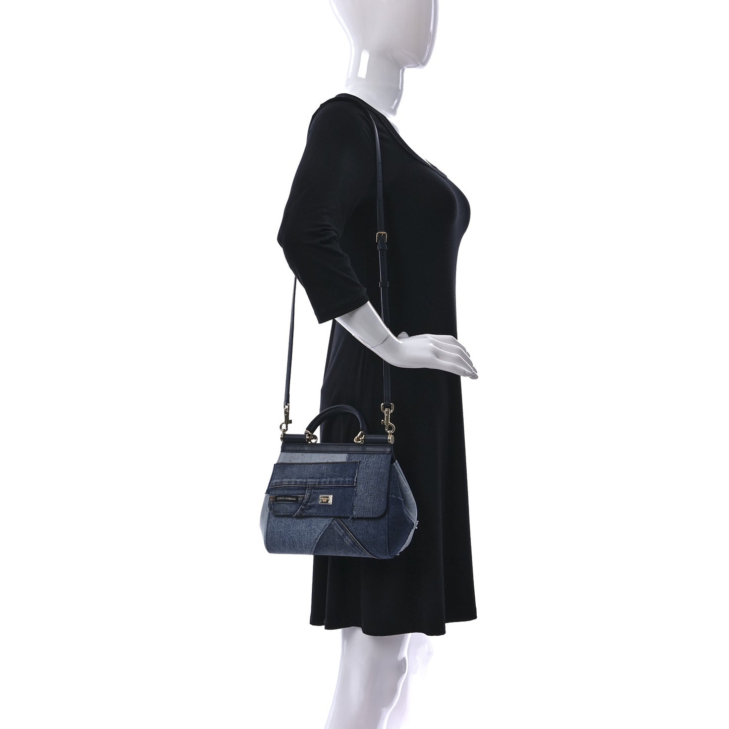 Calfskin Denim Patchwork Medium Miss Sicily Satchel Blue