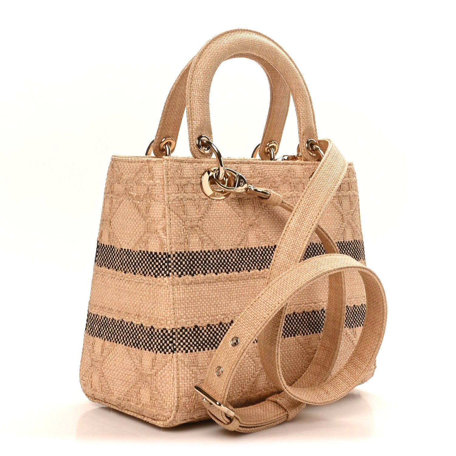 Christian Dior Raffia Woven Cannage Embroidered Medium Lady D-Lite Natural Black 3 of 10