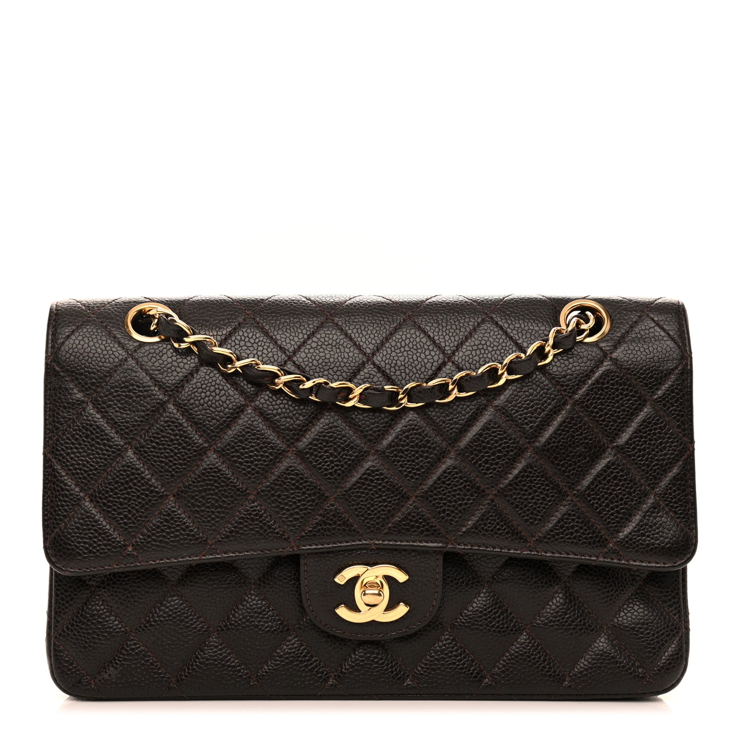 Caviar Quilted Medium Double Flap Brown