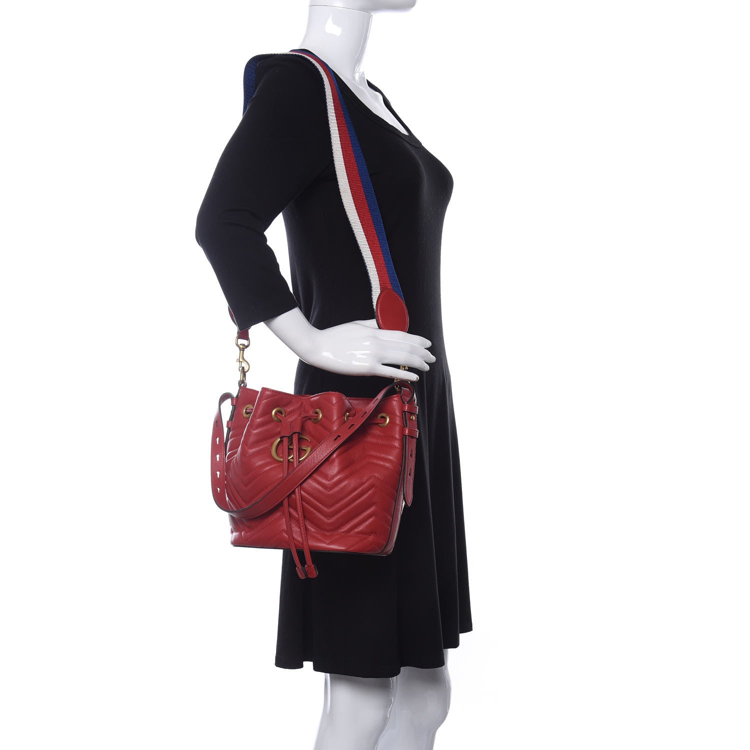 Gucci Calfskin Matelasse Sylvie Web GG Marmont Bucket Bag Hibiscus Red 2 of 11