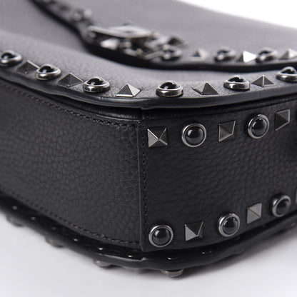 Valentino Garavani Pebbled Calfskin Onyx Medium Rockstud Rolling Flap Saddle Bag Black 7 of 9