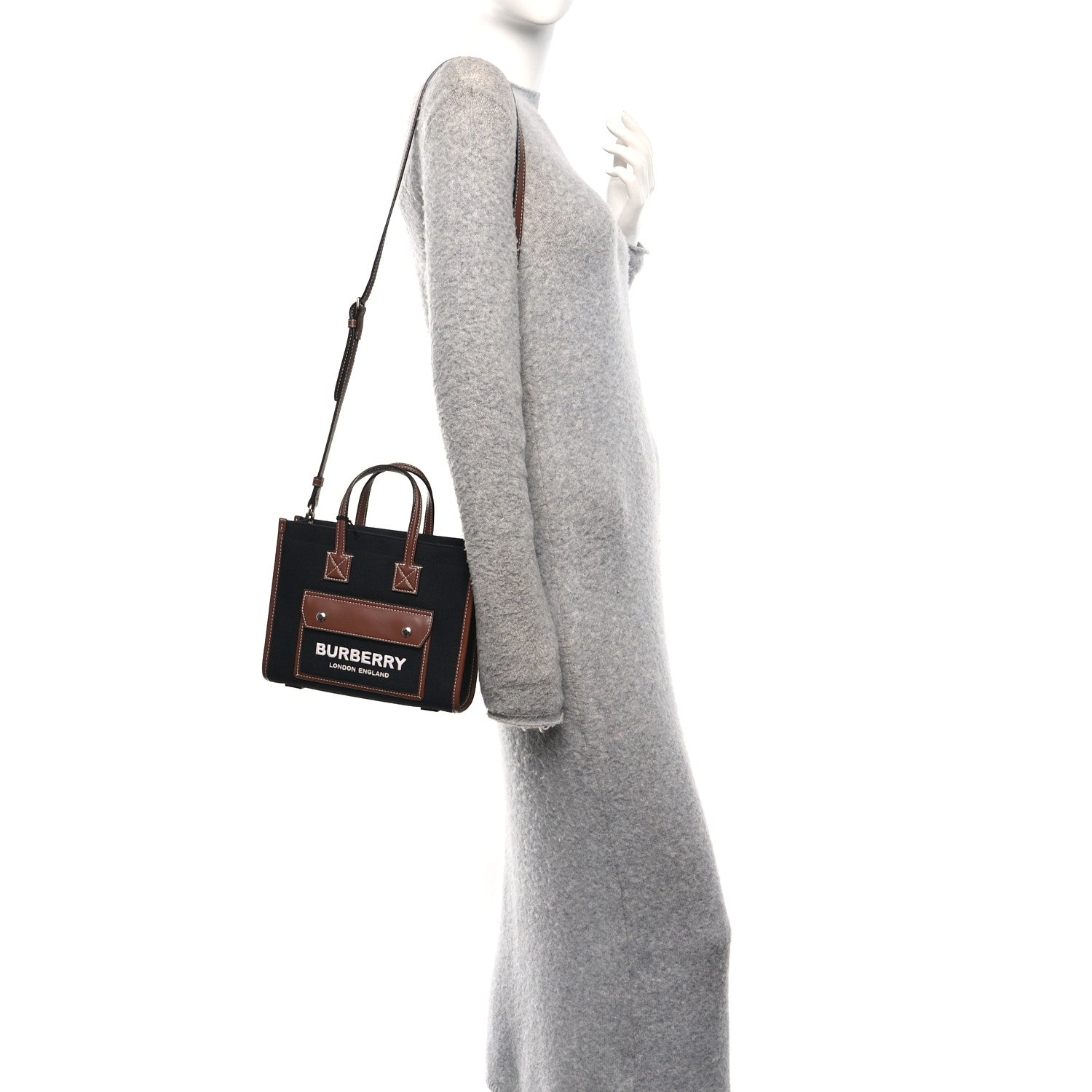 Burberry Canvas Smooth Calfskin Mini Two Tone Freya Tote Black Tan 2 of 9