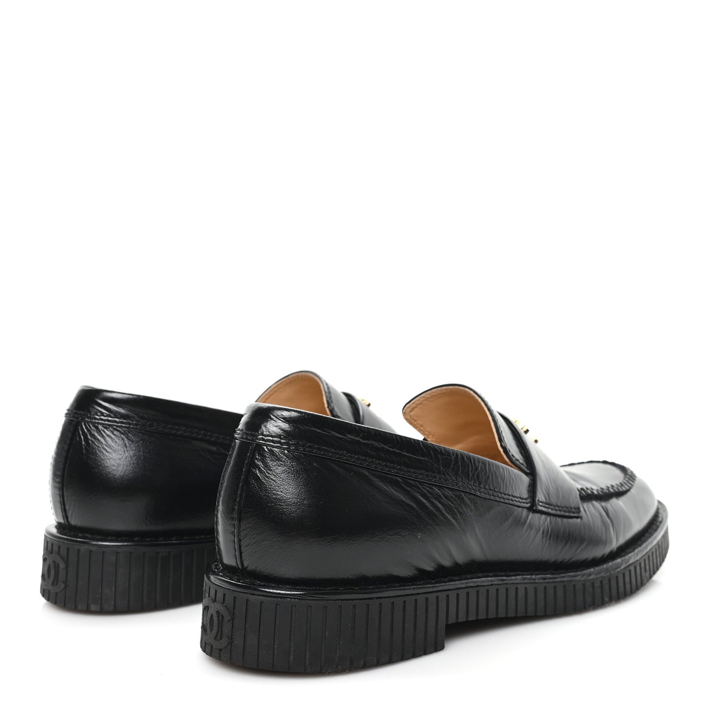 Shiny Crumpled Calfskin CC Mocassin Loafers 38.5 Black