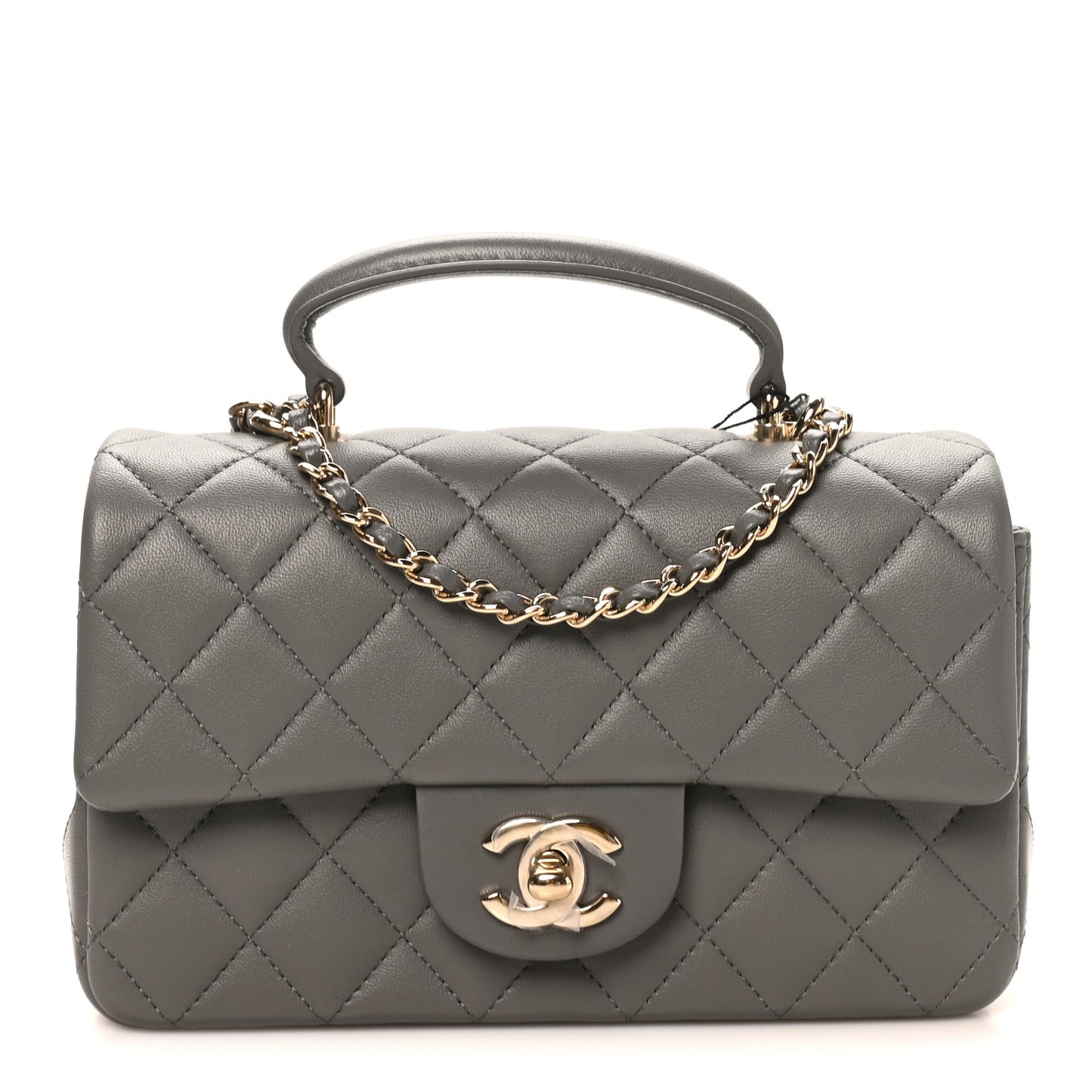 Lambskin Quilted Mini Top Handle Rectangular Flap Dark Grey
