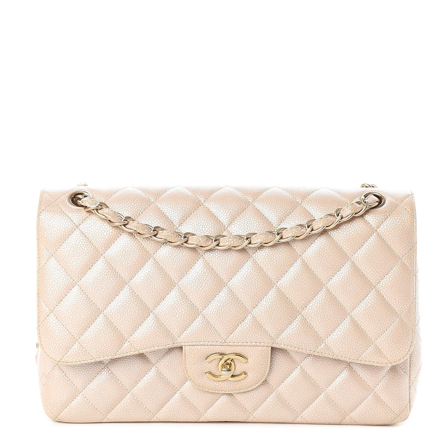 Pearly Caviar Quilted Jumbo Double Flap Light Beige