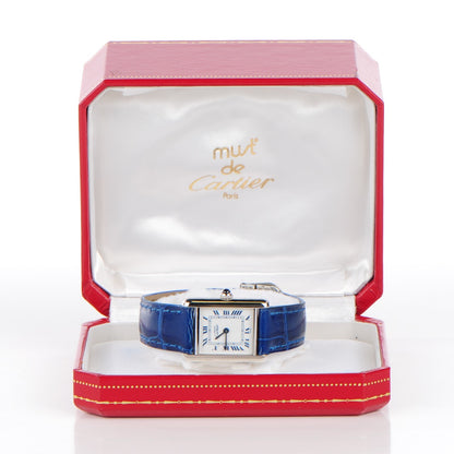 Cartier Sterling Silver Alligator 20mm Must de Cartier Tank Quartz Watch Blue 10 of 10