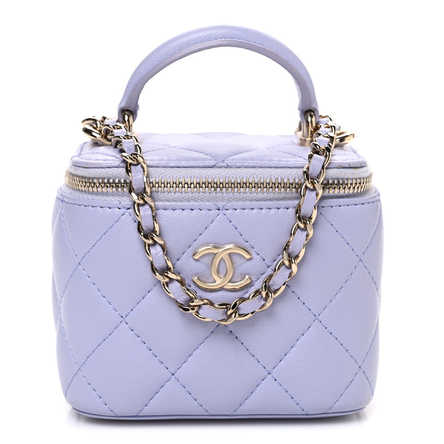 Lambskin Quilted Top Handle Mini Vanity Case With Chain Lilac