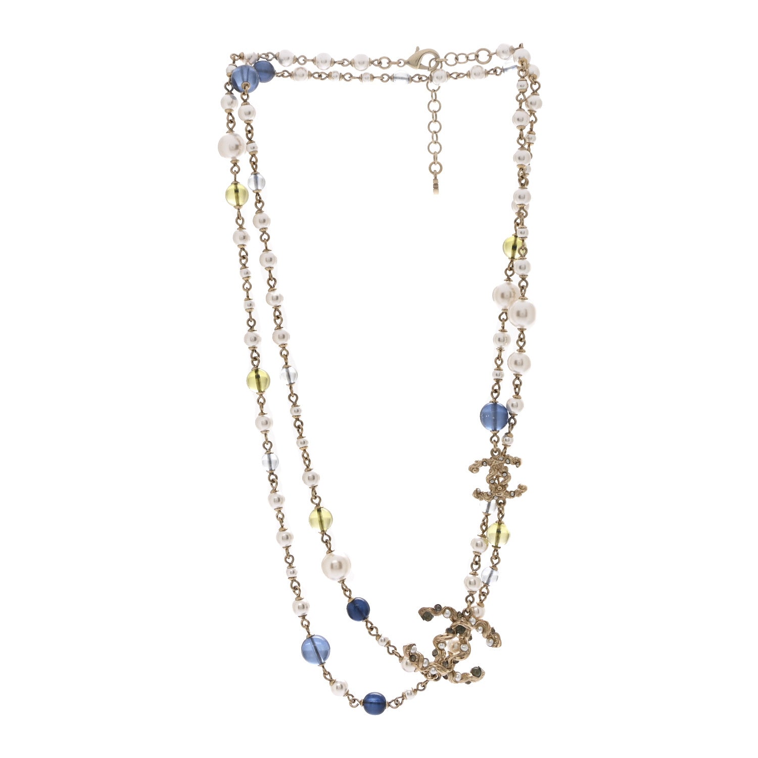 Chanel Pearl Glass Bead CC Long Necklace Blue Gold 3 of 6