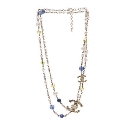 Chanel Pearl Glass Bead CC Long Necklace Blue Gold 3 of 6