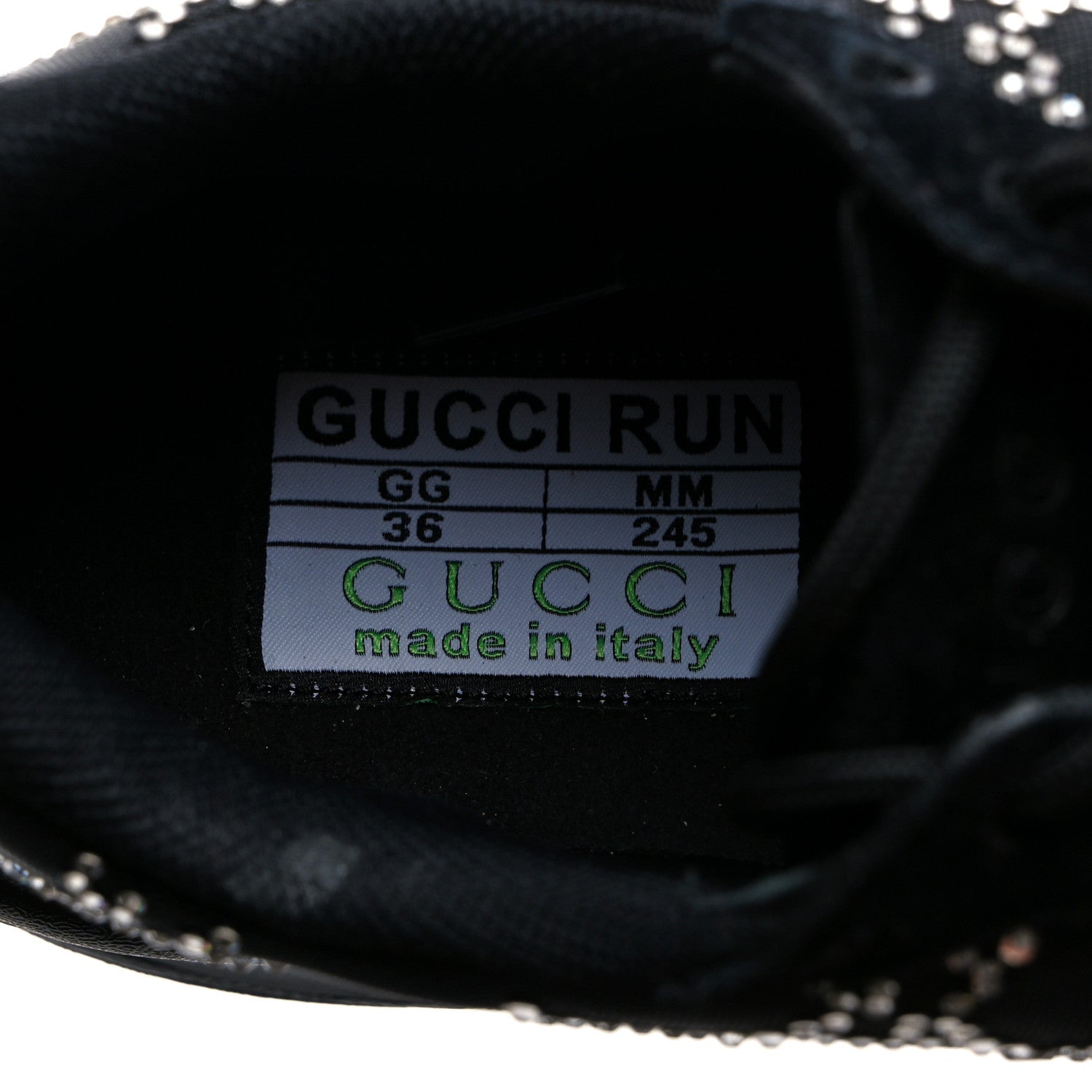 Gucci Tela Retino Mesh Crystal Suede GG Monogram Womens Gucci Run Sneakers 36 Black Silver 6 of 8