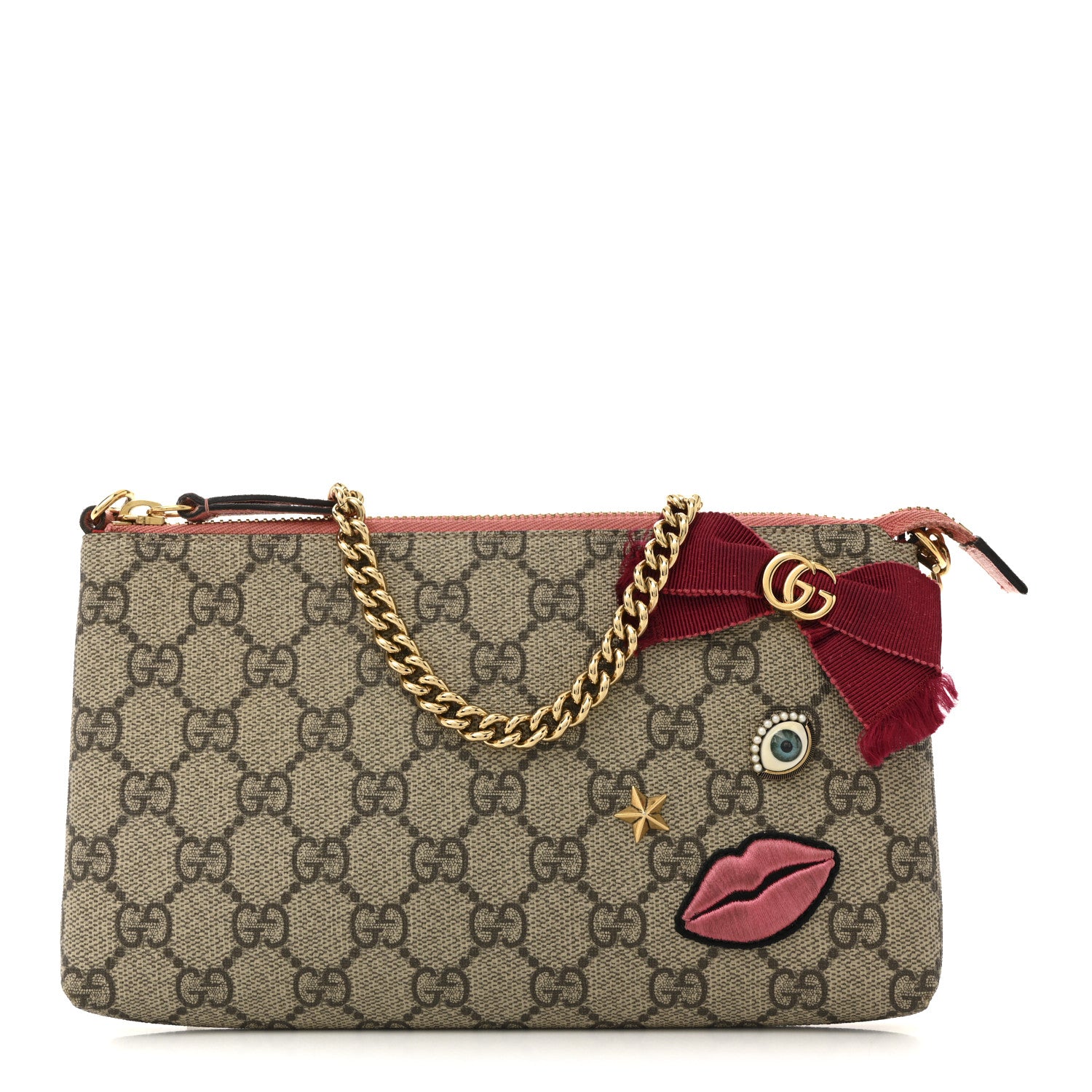 Gucci GG Supreme Monogram Face Embroidered Wrist Wallet Pink 1 of 14
