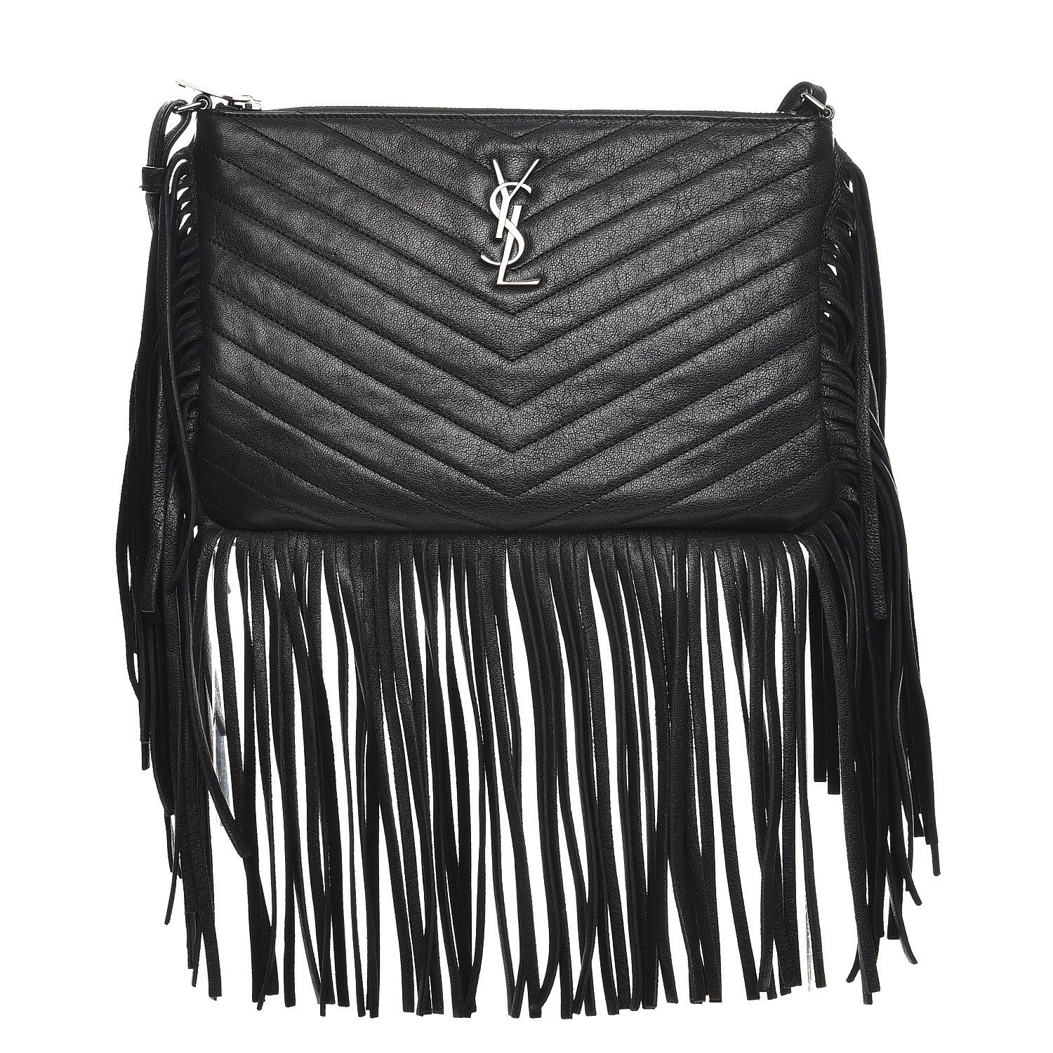 Saint Laurent Sheepskin Chevron Small Fringe Crossbody Bag Black 1 of 7