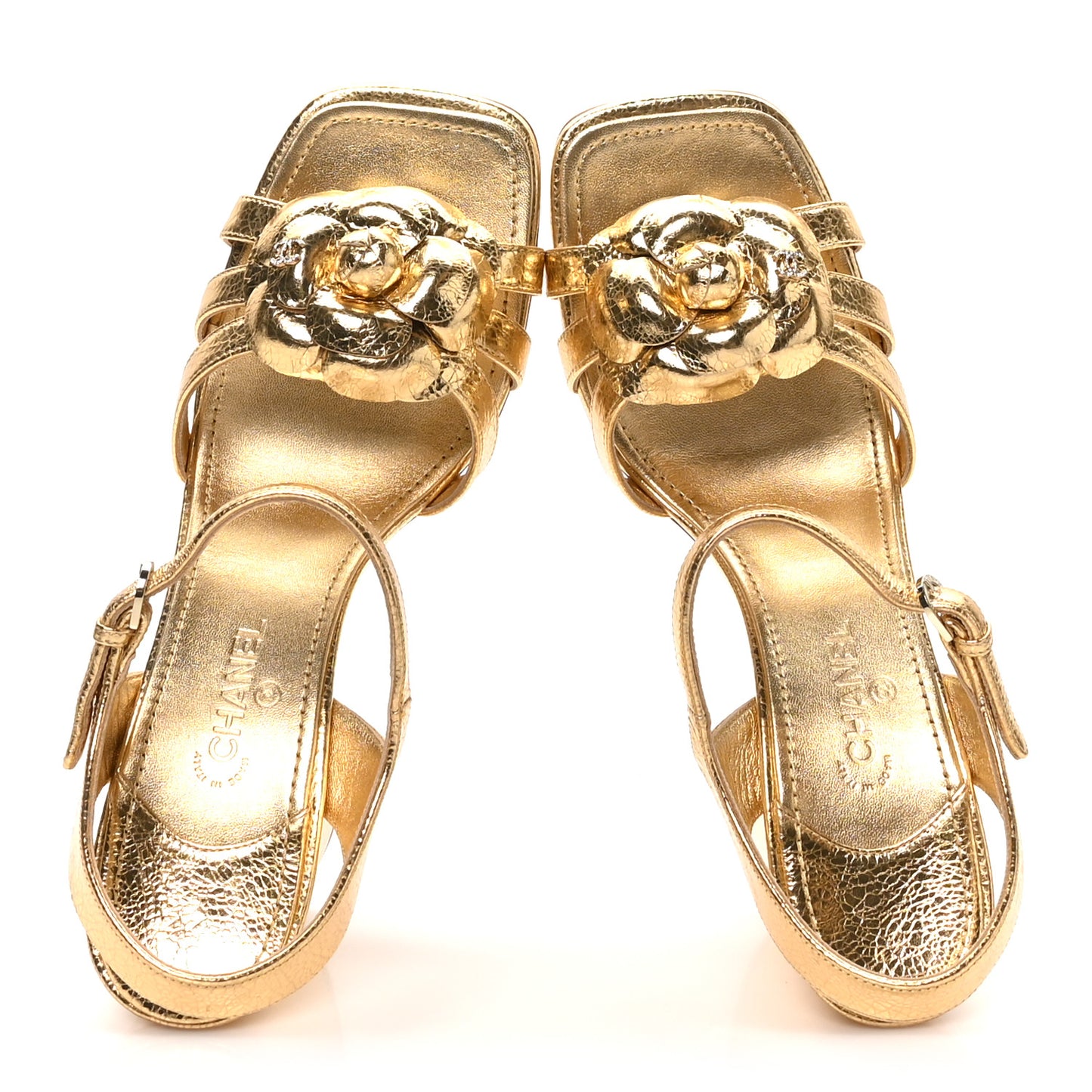 Crackled Laminated Calfskin Camellia Sandals 39.5 Gold