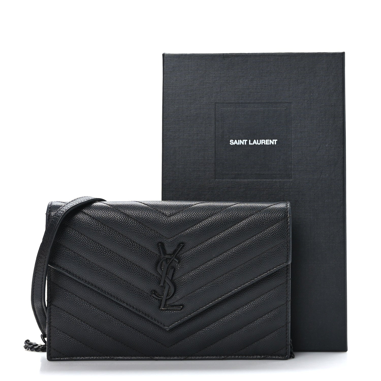 Saint Laurent Grain De Poudre Matelasse Chevron Monogram Monochrome Envelope Chain Wallet Black 9 of 9