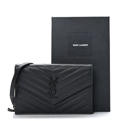 Saint Laurent Grain De Poudre Matelasse Chevron Monogram Monochrome Envelope Chain Wallet Black 9 of 9
