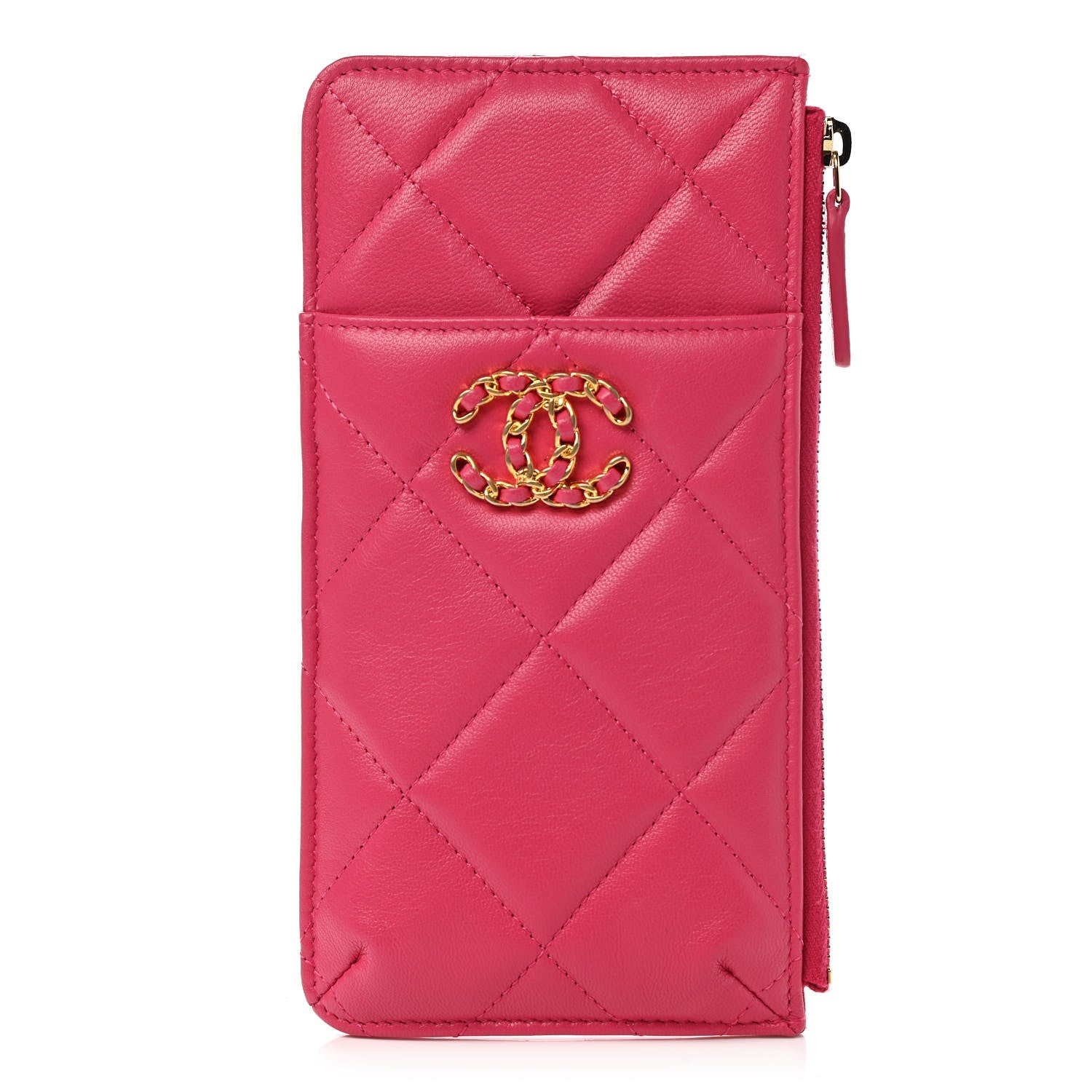 Chanel Shiny Goatskin Quilted Chanel 19 Flat Wallet Pouch Dark Pink 1 of 7