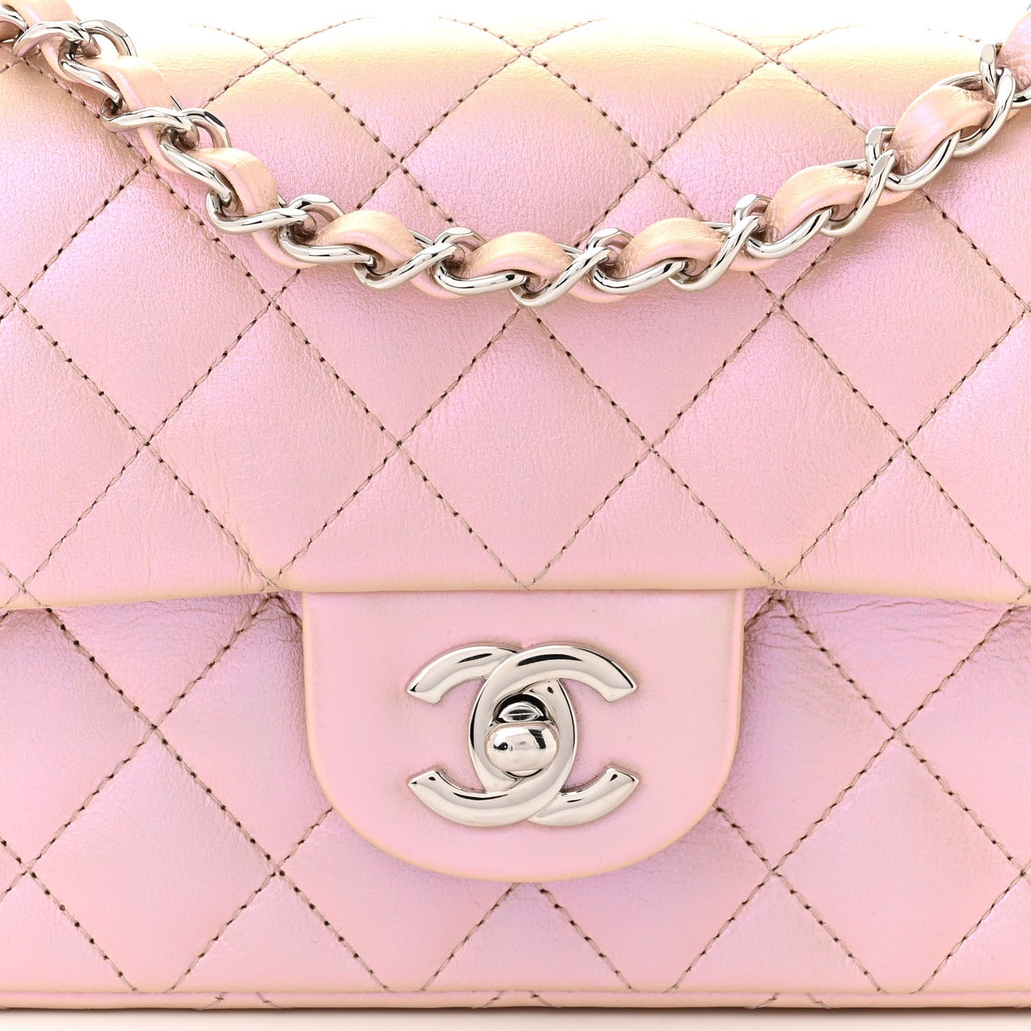 Iridescent Calfskin Quilted Mini Rectangular Flap Pink