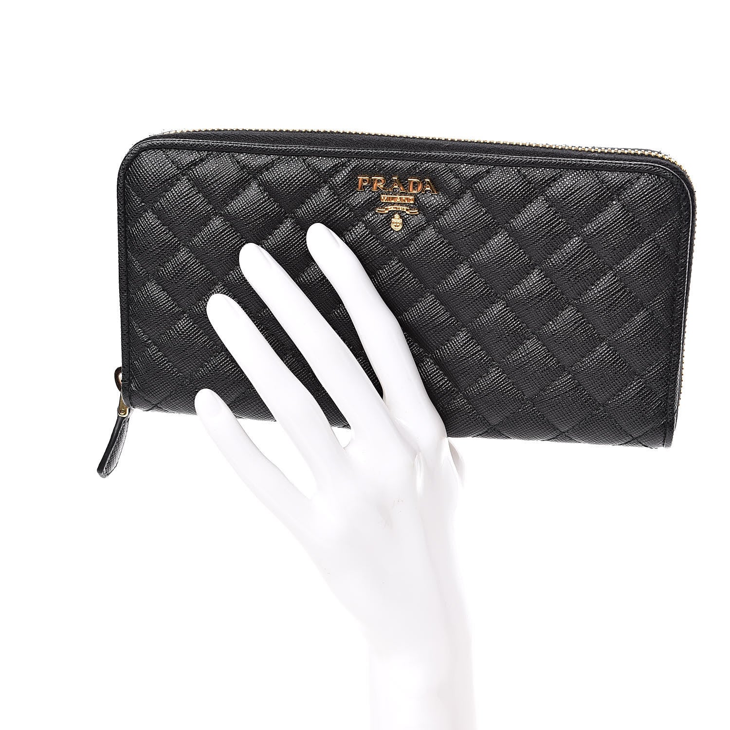 Prada Saffiano Quilted Zip Around Wallet Black 2 of 8