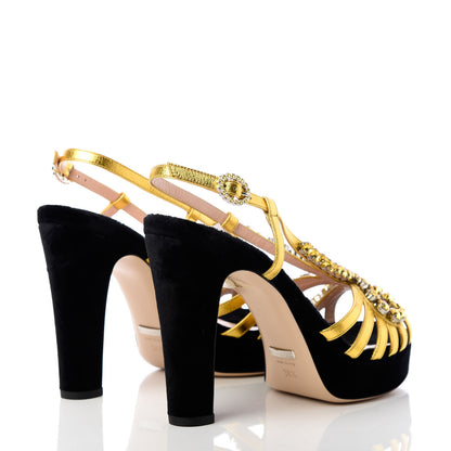 Gucci Velvet Nappa Crystal Zephyra Slingback Platform High Heel Sandals 38.5 Black Gold 4 of 9
